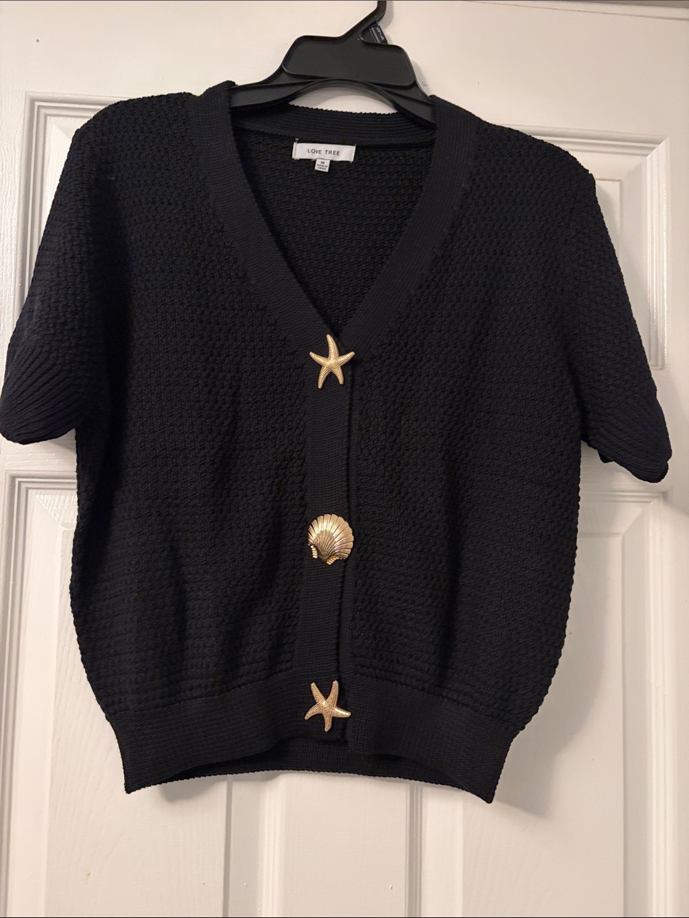 Love Tree Black Short-Sleeve V-Neck Sweater with Gold Shell & Starfish Buttons